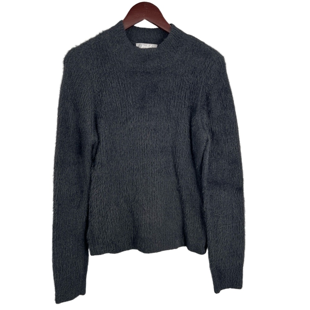 Marled Sweater Black Mock Neck Long Sleeve Fuzzy Texture Size Large